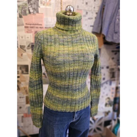 Y2K DKNY Jeans Multi Green Turtleneck Sweater Size Small - Picture 1 of 6